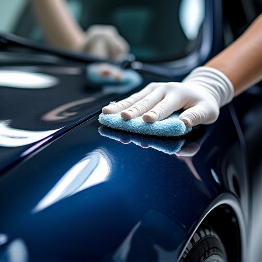 Applying a liquid ceramic coating to a car's hood.