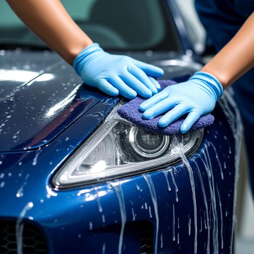 Technician carefully hand washing a luxury car.